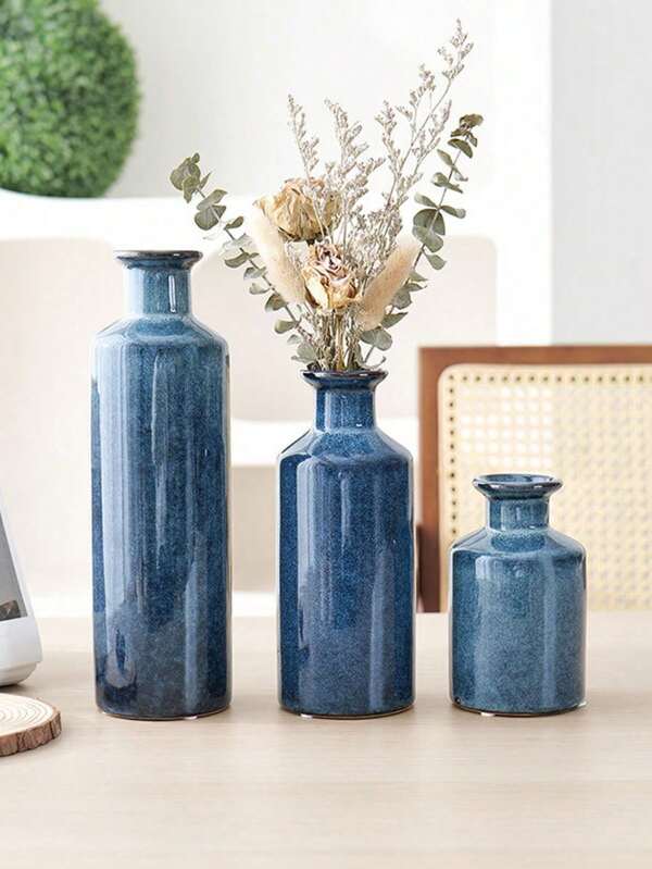 Juego de 3 piezas de jarrones vintage de cerámica con acabado agrietado, decoración de hogar, pequeños jarrones de escritorio para plantas hidropónicas, flores secas y decoración de escritorio