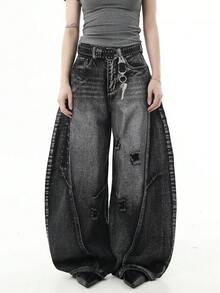 1件 Hearty Haven 男士复古做旧宽松阔腿牛仔裤，休闲街头风长裤（不含腰带或配饰） - 黑色 - 查看 1