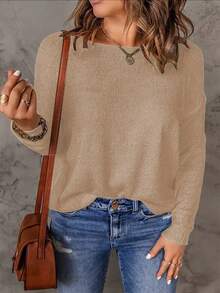 Sylvia 女士简约百搭圆领宽松透气针织套头毛衣，适合日常穿着、通勤、办公、下午茶、旅行等场合。 - 卡其色 - 查看 3