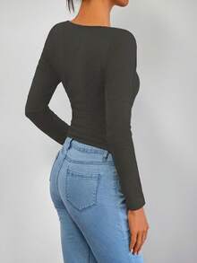 时尚性感V领修身长袖紧身衣，Y2K风格，适合春夏穿着 - 灰色 - 查看 2