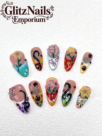 10 Pieces Of Pure Handmade Nail Pressing Nails 25mm Almond Nails French Nails Three-Dimensional Modeling Glue Carving Process Multi-Color Matching Decoration Fashion Versatile Suitable For Women To Wear Three Sizes To Choose From Suitable For A Variety Of Occasions Parties And Daily Wear