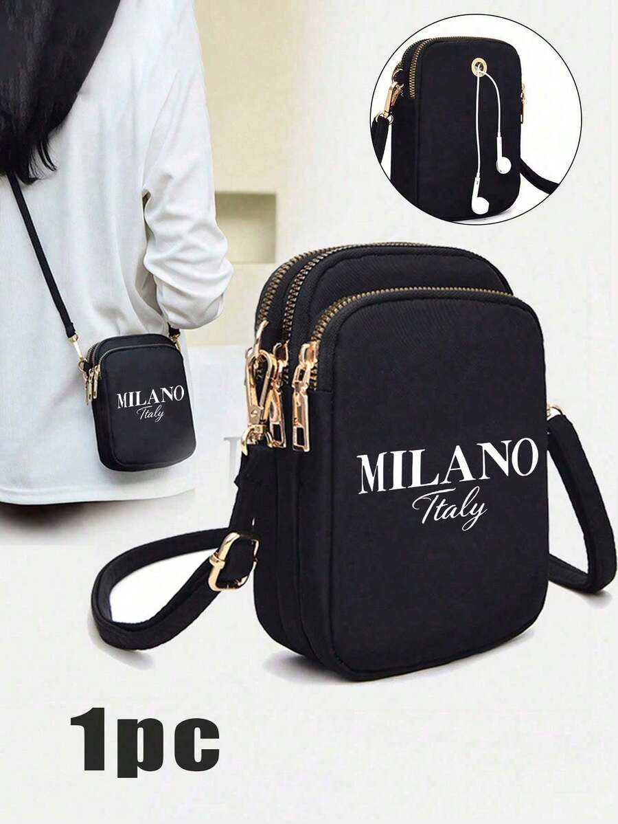 1pc Fashion Black Casual Mini Handbag With "Milano" Text & Pattern, Featuring Phone Pouch, Coin Purse, Women's Crossbody Phone Bag, Shoulder Bag, Wallet, Lightweight & Odorless Polyester Travel Bag - Multicolor - View 1