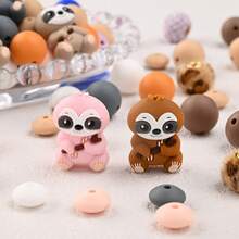 34pcs 3D Cartoon Sloth Silicone Bead Combo Set, Silicone Round Beads, Flat Beads, Plush Leopard Print Beads, Multi-Functional Handmade Beading Materials For DIY Beaded Pens, Phone Straps, Keychains, Durable Silicone Beads - Multicolor - View 2