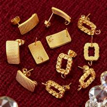 10 piezas de pendientes de botón rectangulares huecos con textura de acero inoxidable estilo bohemio, accesorios de joyería DIY - Amarillo dorado (#1954) - Ver 1