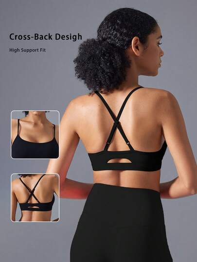 6pecil 女士健身交叉肩带运动胸罩细肩带加厚中强度健身胸罩瑜伽上衣运动胸罩