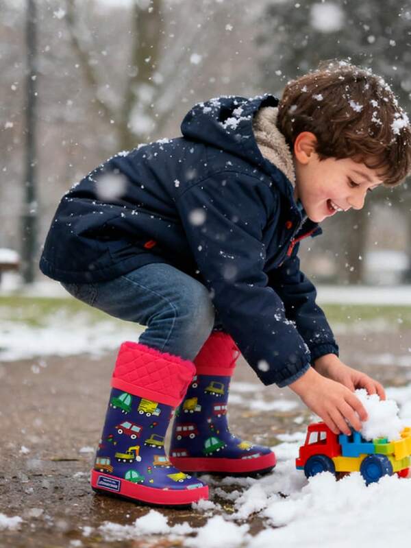 Thermisch gefütterte wasserdichte Stiefel für Herbst und Winter, Regenstiefel für Jungen und Mädchen, süßes Cartoon-Auto-Design Schneestiefel, wasserdicht und leicht zu reinigen, perfekt für Outdoor-Aktivitäten in Regen- und Schneesaisons
