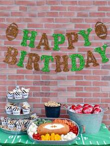 1pc Green Brown Football Happy Birthday Pull Flag Banner, Football Themed Birthday Pull Flag, Sports Themed Happy Birthday Party Decoration Banner, Football Themed Baby Shower Party Decoration Pull Flag - Green + Brown - View 4