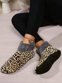 1 Paar Leoparden-Muster Bootsförmige Socken, modisch & vielseitig als Hausschuhe, kuschelige Haussocken mit Blume Muster für Frauen