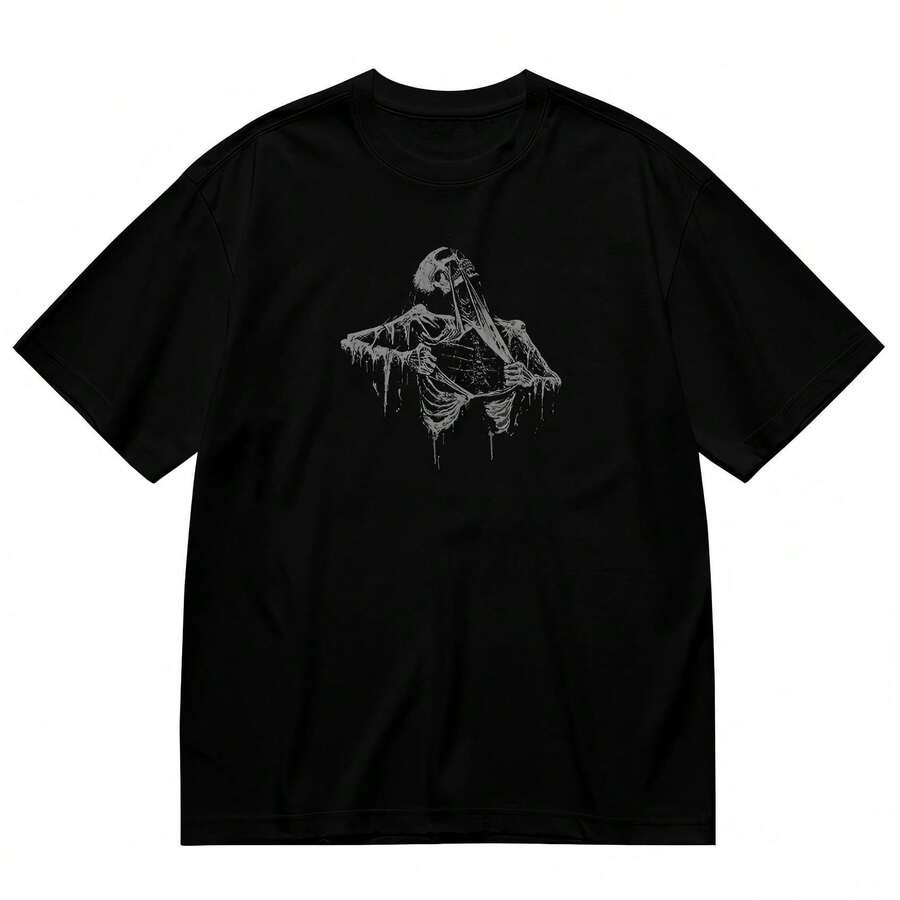 Vintage Skeleton Graphic T Shirt Black Cotton 90s Skull Tee Loose Fit Short Sleeve Crew Neck Casual Gothic Style Machine Washable Durable Cotton Shirt - Preto - Ver 1