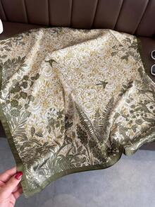 1pc Women's Luxury Floral Print Silk Satin Square Scarf, Fashion Versatile Headband And Bandana, Elegant Hair Scarf Or Shawl Wrap, Lightweight Neck Scarf For Tourism, Vacation, Daily Commuting, Leisure Outfits, And Chic Gift Accessories - 墨綠色 - 查看 2