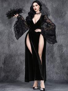 Women's Gothic Sexy Retro Gorgeous Romantic Dark Halloween Role Playing Witch Sleeves Rose Lace Lace Stitching Large V-Neck High Slit Sky Velvet Party Dress - Black - View 4