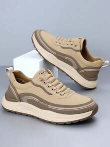Tenis casuales para hombre de color sólido, con suela gruesa y estilo fashion,Punta Redonda De Malla Transpirable De Encaje Hasta Zapatillas De Deporte Para Hombres Con Diseño De Monograma De La Calle De Moda Senderismo Zapatos Casuales Para Hombres,Zapatillas De Tenis Vintage,Suela gruesa y cómoda,antideslizante y resistente al desgaste,diseño versátil,adecuado para desplazamientos,trabajo,deportes,actividades al aire libre y otras escenas - Caqui - Ver 2