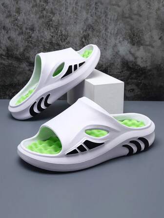 Men's Cloud Cushion Slides – Shock Absorbing Thick Sole Slippers,Y White Green Non-Slip Sandals