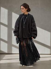 Chân váy ren jacquard dáng rộng cạp cao cỡ lớn dành cho nữ, phù hợp đi làm và mặc hàng ngày, màu đen mùa hè. - màu đen - Xem 4