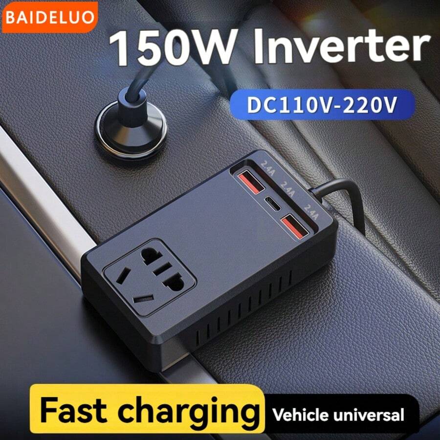 1 件多功能车载充电器线 - 2 个插座、2 个 USB 端口和 1 个 Type-C 端口，快速充电，适用于汽车、卡车和 SUV、车载逆变器转换器插头、12V/24V 至 220V 电源插座