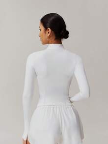 6pecil 1 pezzo Giacca da donna alla moda e sexy, aderente, tinta unita, adatta per yoga, palestra, sport, corsa, fitness, asciugatura rapida, basso impatto, collo alto, con foro per il pollice, con zip, manica lunga, comoda e morbida, per attività all'aperto