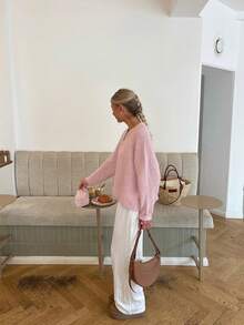 SOOKAUG Gemütlicher, süßer, jugendlicher rosa Strickjacken-Cardigan für Frauen, locker sitzende, vielseitige, weiche Strickoberteil, Herbst/Winter