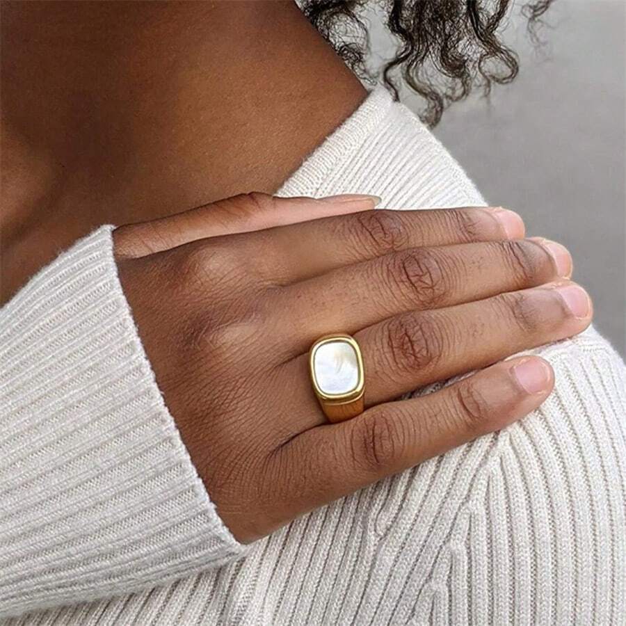 1pc Bohemian Style White Ceramic Square Ring, Stainless Steel Material - Suitable For Daily Wear And New Year Gift, Jewelry With Luxurious Bohemian Appearance