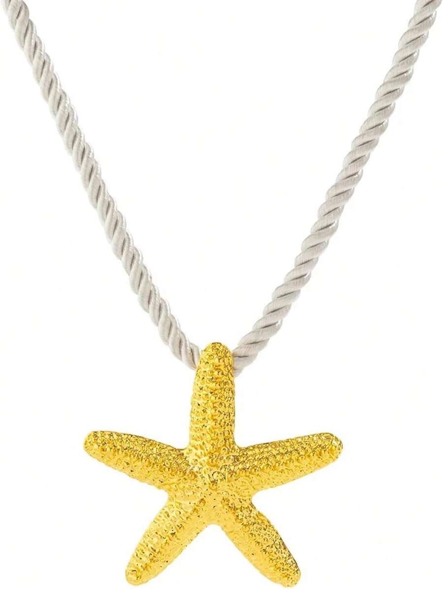 Collar con Dije de Estrella de Mar Dorada, Colgante Estilo Marino para Mujer, Accesorio de Playa, Verano y Regalo de Moda, Cordón Náutico Blanco con Extensión Ajustable - 1 - Ver 1