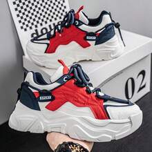 Zapatos deportivos casuales para hombres, zapatillas de moda con estilo de discoteca personalizado y suela gruesa, zapatos deportivos casuales, zapatos deportivos de moda versátiles, zapatos deportivos y de running con parches de bloque rojo, zapatillas de deporte de parche con cordones para otoño/invierno - Rojo - Ver 6