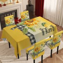 2/4/6/5/7 Pcs Sunflower Plaid Yellow Tablecloth And Chair Cover Set, 4 Pcs (4 Chair Covers), 6 Pcs (6 Chair Covers), 5 Pcs (1 Tablecloth + 4 Chair Covers), 7 Pcs (1 Tablecloth + 6 Chair Covers), Suitable For Indoor/Outdoor, Home Gatherings, Holiday Table & Chair Decor, Reusable - Multicolor - View 13