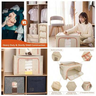 3Pcs Clothes Storage Bins, 66L Beige Cloth Storage Boxes With Metal Frame, Foldable Fabric Bins Organizer Clothes, Stackable Openings Cloth Storage Bi