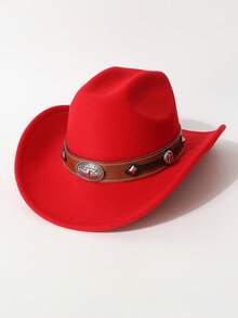 1pc Women's Fashion Solid Color Brim Felt Hat, Paired With Wide Silver Cowhead Belt Decor, Unique Western Cowboy Hat, Versatile For All Seasons, Outdoor Party & Casual Wear, Unisex