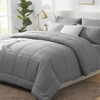 1pc Thick Quilted Comforter, Luxury Oversized Plush Duvet, Grey Color, Extra Soft Bedding Comforter, All Season Luxury Hotel Bedding Comforter With Corner Tags