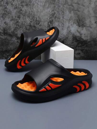 صندل رجالي بوسادة سحابة - صندل سميك ماص للصدمات، أسود وبرتقالي مانع للانزلاق