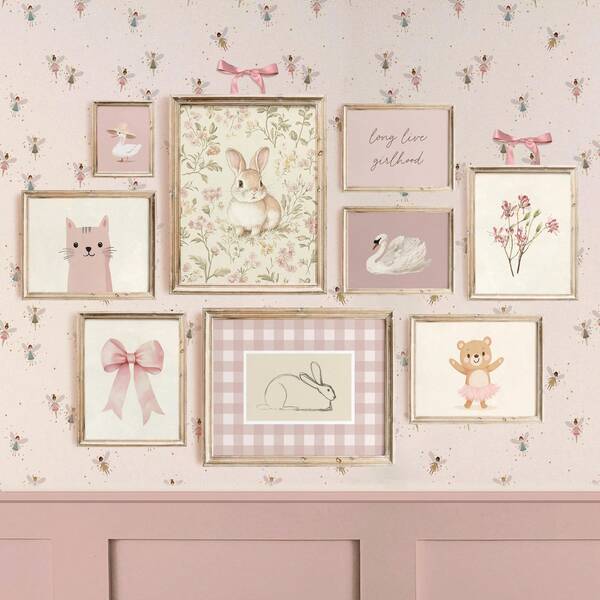 1 Obra de arte enmarcada/en lienzo, Juego de 9 decoraciones de pared rosas para la habitación de los niños: Decoración de habitación vintage para niños, Juego de arte rosa para la habitación de los niños, Decoración de habitación vintage para niñas, Decoración del hogar, Decoración de pared enmarcada, Decoración de pared enmarcada, Decoración de la habitación, Decoración del hogar, Decoración de pared, Decoración del baño