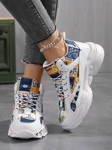 女士新款全身图案撞色随机印花前系带休闲跑步鞋，舒适日常百搭校园街头增高运动鞋 - 白黃 - 查看 5