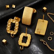 10 piezas de pendientes de botón rectangulares huecos con textura de acero inoxidable estilo bohemio, accesorios de joyería DIY - Amarillo dorado (#1954) - Ver 5