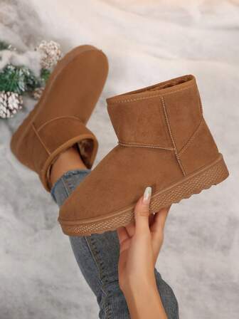 Brown Suede Short Snow Boots, Fashion Minimalist Patchwork Design, Warm Slip-On Commute/Office Boots, Elegant Casual For Autumn/Winter