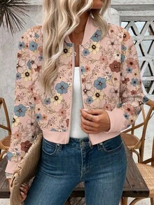 Chaqueta corta con estampado retro informal y cremallera para mujer, Chaquetas de mujer, chaquetas estampadas de mujer, chaquetas de béisbol de mujer - Rosa - Ver 3