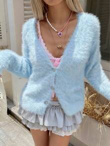 Women's Baby Blue Solid Color Elegant Vintage Casual Romantic Knitted Button Faux Fur Collar Long Sleeve Cardigan V-Neck Sweater, Suitable For Tea Party, Back To School, Party, Date Night, Daily Wear, Travel, Early Spring, All Season - Baby Blue - View 3