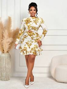 BIUBIU 大码女式优雅长袖高领系腰多层印花A字裙，秋冬款