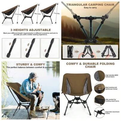 Lightweight Folding Camping Chair: Portable Ultralight Height Adjustable Folding Camping Chair 330 Lbs Capacity With Side Pockets Backpacking Chairs S