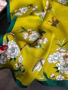 1pc Women's Luxury Floral Print Silk Satin Square Scarf, Fashion Versatile Headband And Bandana, Elegant Hair Scarf Or Shawl Wrap, Lightweight Neck Scarf For Tourism, Vacation, Daily Commuting, Leisure Outfits, And Chic Gift Accessories - 橄欖綠 - 查看 4