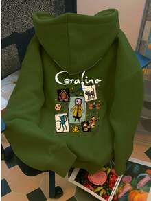 Sudadera con capucha gruesa para mujer Unitalla  con estampado , de estilo casual y sencillo, adecuada para otoño/invierno - Verde militar - Ver 1
