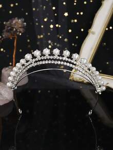 1件银色珍珠水钻双层皇冠，经典新娘婚礼头饰，正式场合皇冠 - 銀色 - 查看 14