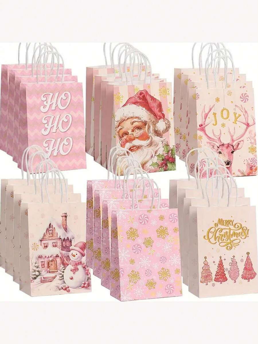 8pcs Christmas Gift Bags, Bulk Pink Paper Bags With Handle Birthday Bags, Paper Present Bag For Party Birthday Wrapping Xmas Holiday Presents, Room Decor, Home Decor, Offices Decor, Theme Party Decor, Christmas Decor, Christmas Gift Bags Christmas Decorations Winter