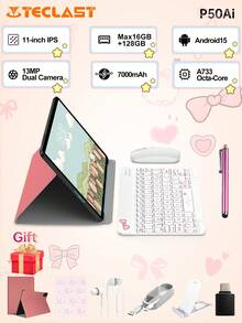 Teclast P50Ai New Android 15 Tablet,11 Inch IPS,1280*800 Resolution,Allwinner A733 Octa-Core, 16GB(6GB+10GB Virtual ) RAM,128GB ROM, 7000mAh Battery,Type-C Charging,Back13MP+Front5MP Camera, 2in 1 Tablet PC,Pink Tablet Case , ,With White Keyboard &Wireless Mouse,Mouse Pad Accessories Bundle