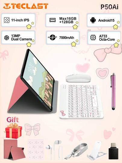 Teclast Teclast P50Ai New Android 15 Tablet,11 Inch IPS,1280*800 Resolution,Allwinner A733 Octa-Core, 16GB(6GB+10GB Virtual ) RAM,128GB ROM, 7000mAh Battery,Type-C Charging,Back13MP+Front5MP Camera, 2in 1 Tablet PC,Pink Tablet Case , ,With White Keyboard &Wireless Mouse,Mouse Pad Accessories Bundle