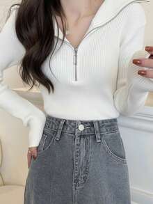 女式百搭拉链半领长袖针织毛衣上衣 - 白色 - 查看 3