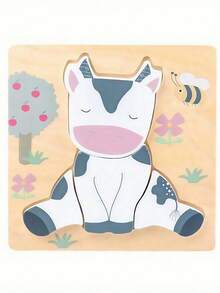 1 Pc Natural Wood Animal Puzzle Toy Set Cow Duck Lamb Rabbit Shape Educational Learning Game For Children Kids Classroom Bedroom Play Birthday Gift