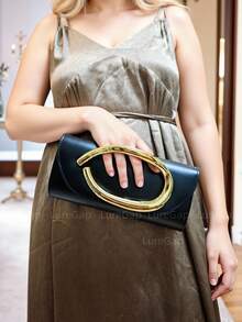 [Embrague de lujo] Bolso de mano de diseñador de lujo - Elegante embrague de mujer para la noche | Asa de metal con tono dorado y cierre magnético, calidad premium de PU, ideal para fiestas y bodas