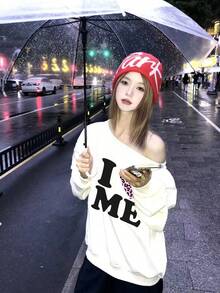 Heart & Letter Print Asymmetric Neck Sweatshirt For Women, Casual Street Style Loose Fit White Oblique Shoulder Top, Autumn/Winter - White - View 5