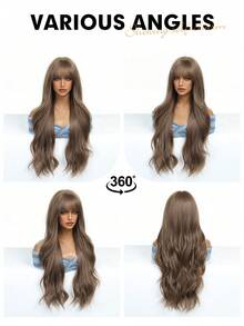 28 Inch Brown Wig Long Curly Wig With Bangs Natural Appearance Heat-Resistant Synthetic Wig Suitable For Fashionable Women,Daily Party Holiday Travel Use, Natural And Realistic False Hairpiece For Halloween And Christmas New Year Carnival Music Festival Cosplay ,Gifts For Girls,Summer Graduation Gifts,Ready-Made Gifts,Halloween Christmas Gifts - 棕色 - 查看 9