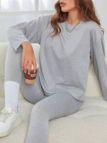Women's Two Pieces Casual Women's Wear Simple Round Neck Long-Sleeved Top Leggings Suit Suitable For Home And Outing Sports Casual Suit - 淺灰色 - 查看 6