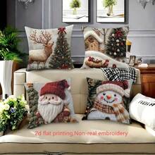 4 fundas de cojín con estampados de Papá Noel y muñeco de nieve en 2D (no bordados reales) de estilo moderno, de poliéster suave con cierre de cremallera, lavables a máquina, decoración navideña adecuada para el hogar, la sala de estar y la cama con escena invernal